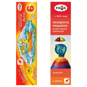 Акварель Гамма «Мультики», медовая, 06 цветов, с кистью, картон. упаковка