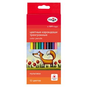 Карандаши цветные Гамма «Мультики», 12цв., трехгранные, заточен., картон. упак., европодвес