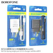 Блок питания сетевой 1 USB Borofone BA72A Spring, пластик, QC3.0, кабель микро USB, цвет: чёрный