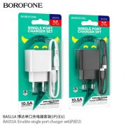 Блок питания сетевой 1 USB Borofone, BAS11A Erudite, пластик, 2.1A, кабель USB - 8 pin, цвет: белый