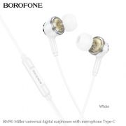 Наушники внутриканальные Borofone BM90 Miller, микрофон, регулятор громк, кабель Type-C 1.2м, белый