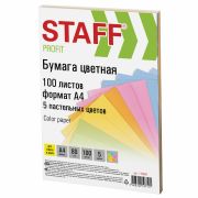 Бумага цветная А4 80г/м 100л 5цв х20л пастель, Staff