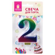 Свеча-цифра для торта «2» «Радужная», 9 см, ЗОЛОТАЯ СКАЗКА, с держателем, в блистере, 591435