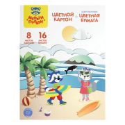 Набор А4 цв. немел. картона, 8л., 8цв. и цв. двустор. газет. бумаги, 16л., 16цв., Мульти-Пульти «Енот в России», на склейке