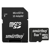 Карта памяти 8GB SmartBuy MicroSDHC, class 10, скор.чтения 10Мб/сек. с адаптер.